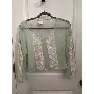 Line & Dot Sage Green Silk Sheer Lace Floral Hippie Boho S Bell Sleeve Fairy Top